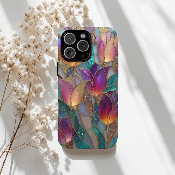 Tulip Floral Stained Glass Luxe IPhone 16,15,14,13 (Pro Max,Pro,Plus) Phone Case - Picture 1 of 13